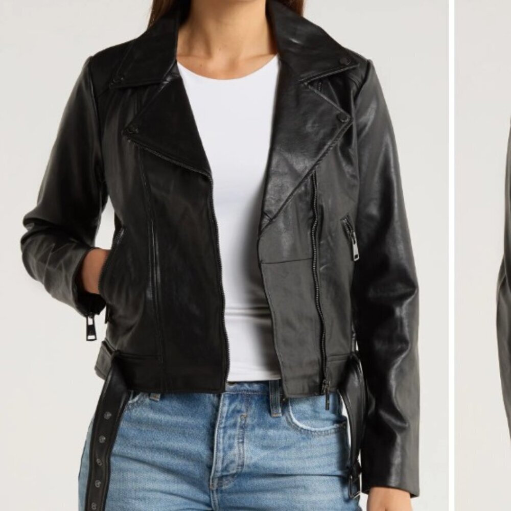 Elodie Black Faux Leather Biker Moto Jacket Black US M Zip front pockets belted